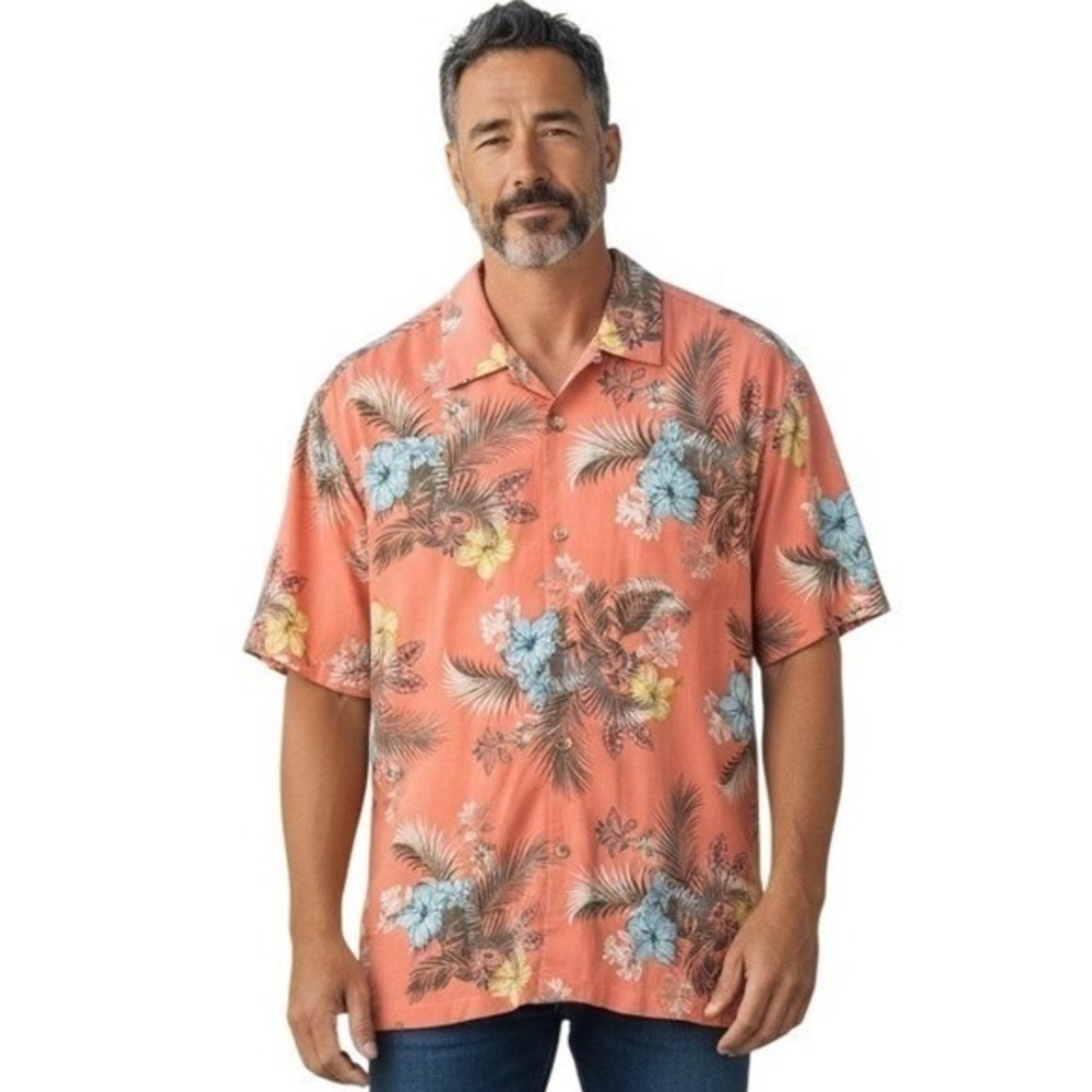 Tommy Bahama 100% Silk Orange Palm Fronds Solo Camp Aloha Shirt‎ - XL